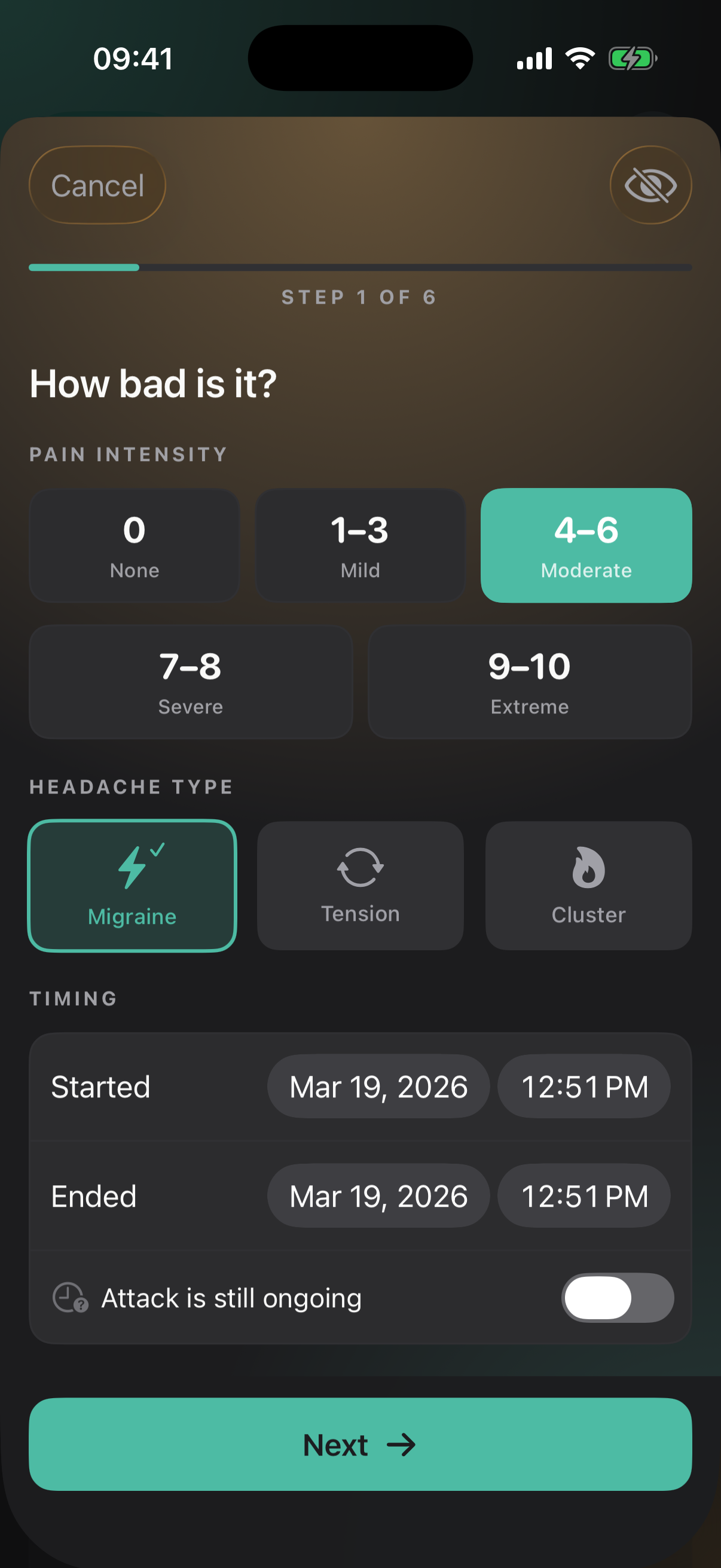 MigraineLog attack logging wizard with intensity slider and migraine mode