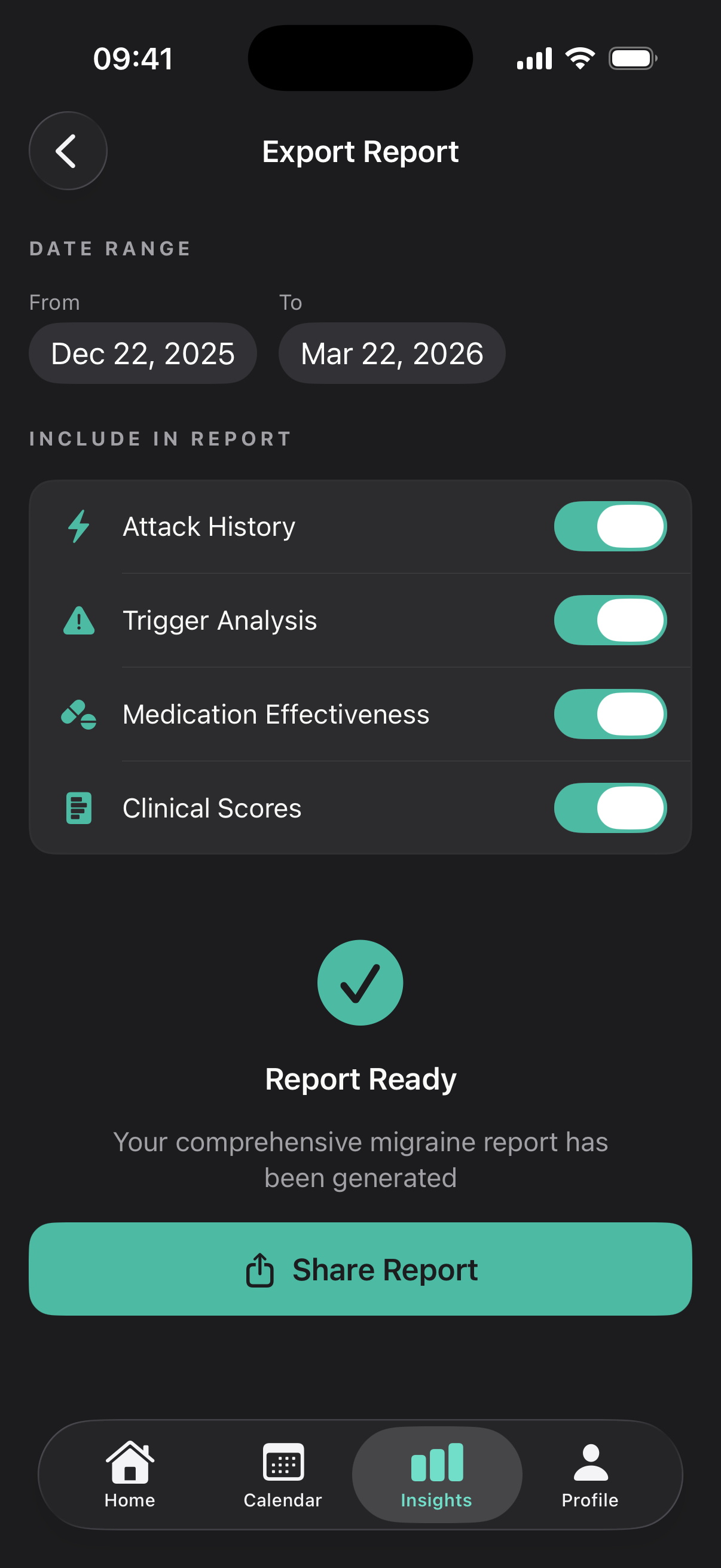 MigraineLog clinical report export screen